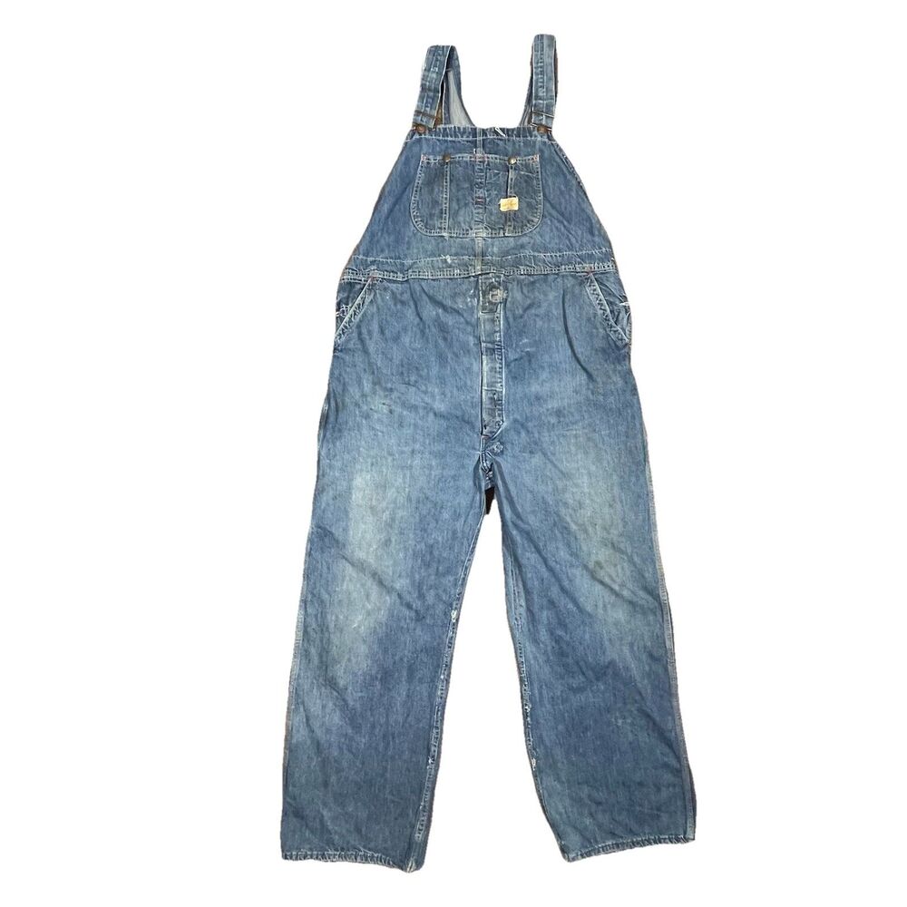 Vintage 1950s PAY DAY Square Bak Denim Overalls Mens XL Workwear Distressed